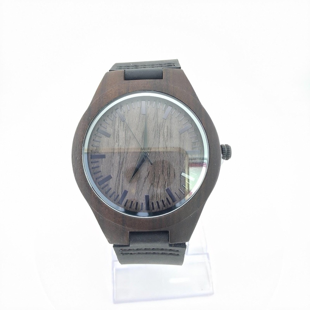 Men's Minimalist Wood Watch Engraved Sandalwood Black Leather Strap 8.5"